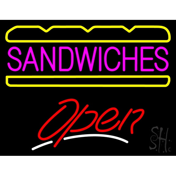 Sandwiches Red Open LED Neon Sign 15 x 19 - inches, Clear Edge Cut Acrylic Backing, with Dimmer - Bright and Premium built indoor LED Neon Sign for restaurant window and interior decor.