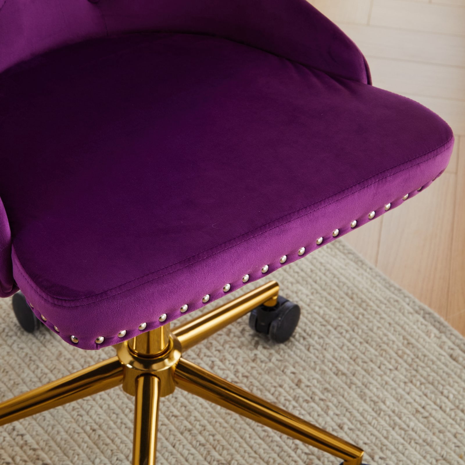 UBesGoo Armless Office Chair Flannel Computer Task Chair Adjustable Swivel Vanity Chair with Ergonomic Backrests and Wheels for Conference and Home Purple & Gold
