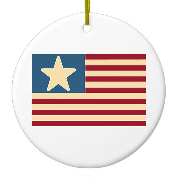DistinctInk Hanging Ceramic Christmass Tree Ornament with Gold String - Great Gift / Present - 2 3/4 inch diameter - USA Single Star Flag Red White & Blue