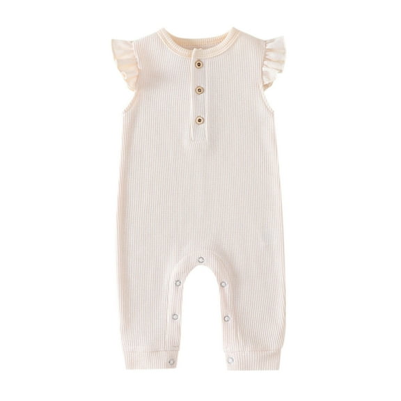 Baby Boys Girls Buttons Closure Romper Jumpsuits Solid Pajamas Flying Sleeve Clothes,Beige,9-12 Months