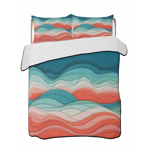 Twin Quilt Bedding Set, Teal Red Ocean Waves Reversible Summer Quilt 3 Pieces, Summer Beach Coastal Abstract Lightweight Bedspreads Coverlets with 2 Pillow Shams for All Seasons