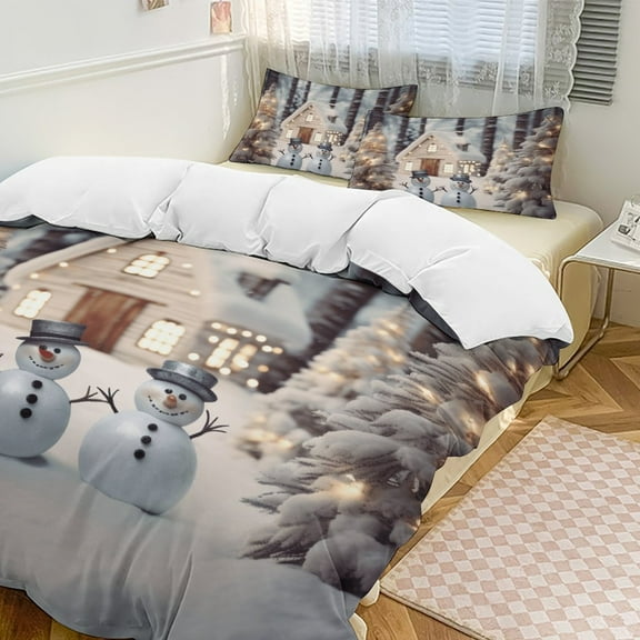 Christmas Snowman Snow House Duvet Cover Set Themed Multicolor Polyester Bedding Set for Bedroom Decoration with 2 Pillow Shams