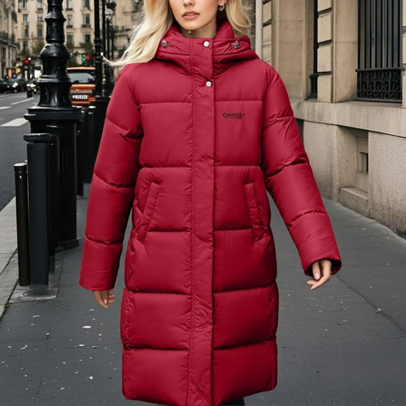 Mceream Women Long Puffer Down Coat Thickened Quilted Padded Jacket Winter Warm Zip Parka Removable Hood Buttoned Slit Hem Plus Size Outwear Chaqueta De Invierno Para Mujer Red XL