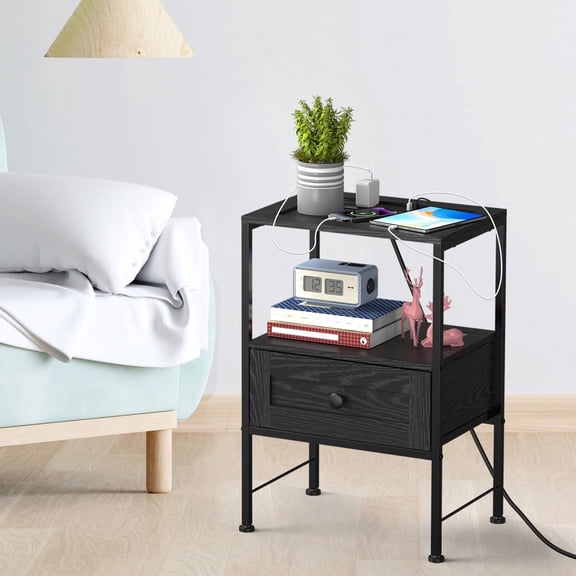Black Nightstand with Charging Station, 1‑Drawer Bedside Table with USB Ports and Power Outlets for Bedroom