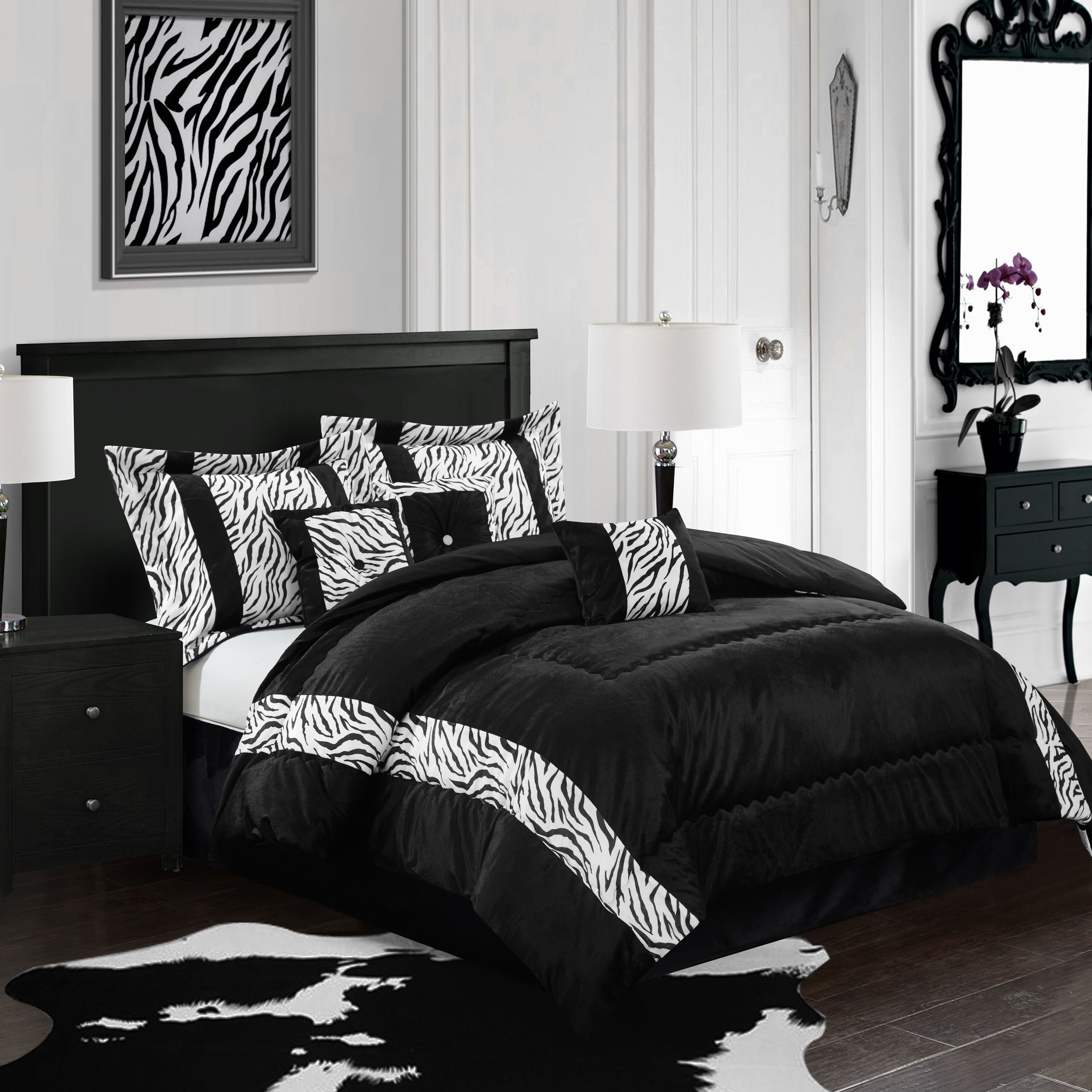 Lanco Micah Zebra Animal Print 7Piece Comforter Set, Black, Queen Fill