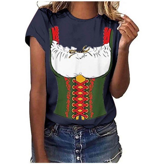 Pompotops Blouse Décontractée Mode Femme Imprimé Oktoberfest Col Rond T-Shirt Blouse Imprimée Tee Liquidation