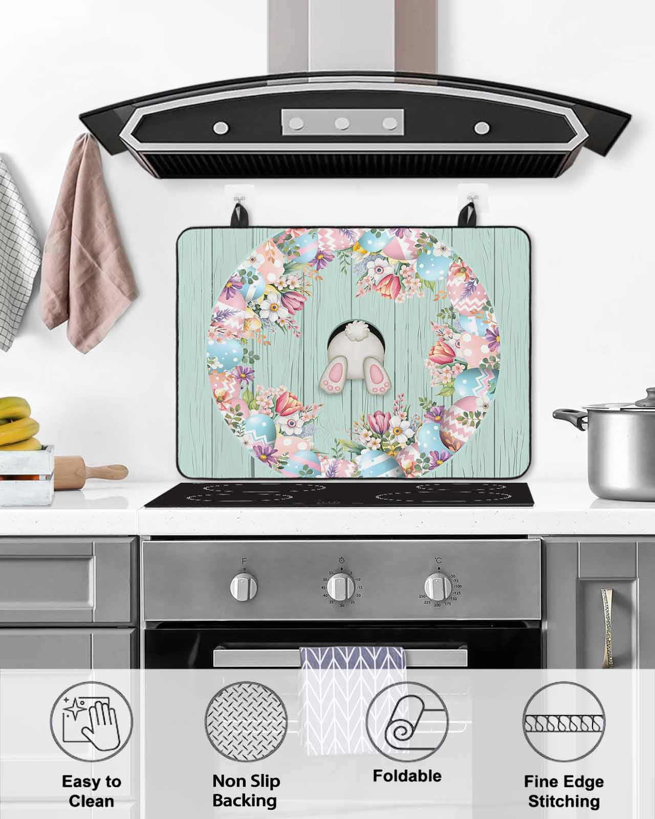 Large Induction Cooktop Protector Mat Easter Stove Top Covers for Electric Stove, Bunny Spring Floral Eggs Sage Green Wooden Decorative Stove Burner Cover Mats, Glass Top Stove Cover