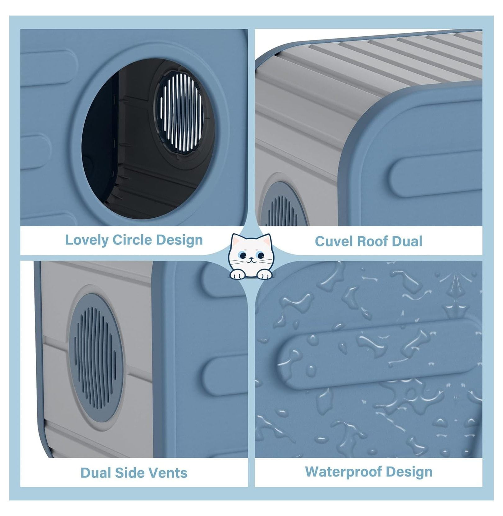 Weatherproof Cat House Outdoor Indoor, Plastic Cat Shelter Camera Design - Blue