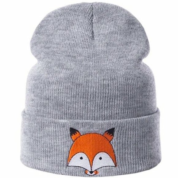 Clearance sale Winter's Caps Unisex Knitted Warms Hat Faux Fur Oversized Foxes Embroidery Stretchy Hats Caps Soft Beanie Hat