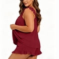 thumbnail image 6 of TEAJOPSUU Womens Plus Size Summer Pajama Set Comfy 2 Piece Loungewear Sleeveless Ruffle Trim Sleepwear Solid Round Neck Top and Pull On Shorts with Pockets Burgundy, 6 of 8
