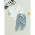 thumbnail image 4 of Baby Boy 2 Piece Outfit 3 6 12 18 24M Solid Color Ribbed Button Long Sleeve Rompers and Elastic Pants Fall Spring Clothes, 4 of 10