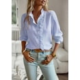 thumbnail image 4 of Womens Button Down Shirt Stand Collar Ruffle Top Striped Long Sleeve Shirts Work Tops for Women Trendy, 4 of 7