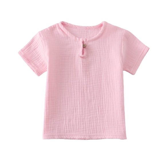 CPNG Toddler Baby Girls Cotton Linen Summer Top Solid Color Crew Neck Short Sleeve Button T Shirt Children Casual Top(Pink,4-5 Years)