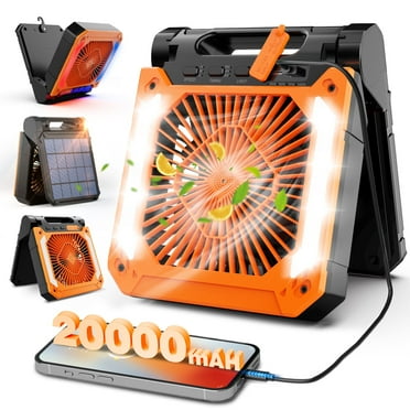 Veubew Camping Fan,Battery Operated Fan,20000mAh Rechargeable Personal Fan with Outdoor LED Light,Solar Charging,3 Speed,3 Timers Pivot 90°,Maximum Battery Life 16H for Office,Bedroom,Works