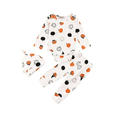 

Sunisery Newborn Baby Girl Boy Halloween Clothes Long Sleeve Cartoon Pumpkin Romper Tops and Pants with Hat Outfits White 6-12 Months