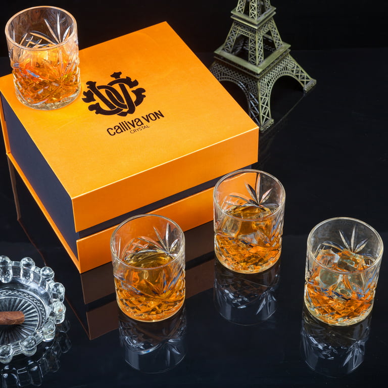 Whiskey Glasses, Crystal Old Fashioned Tumblers Set of 4 In Gift Box,  Calliva Von Rocks Glasses for Bourbon Scotch Whisky Cocktail Snifte 