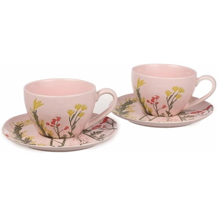 Durable Porcelain Tea Cups and Saucers, Set of 2 (275 ml/ 9.2 fl oz), Cappuccino cups, Tea cup set; pink floral design Tea sets for adults; Ideal gift for special occasions