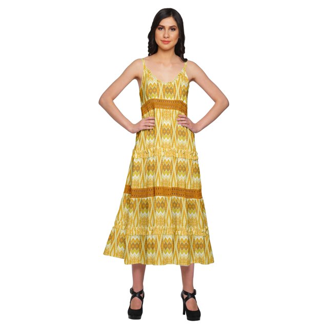 Moomaya Robe Longue Maxi Imprimée Sans Manches à Bretelles Spaghetti avec Garniture en Dentelle
