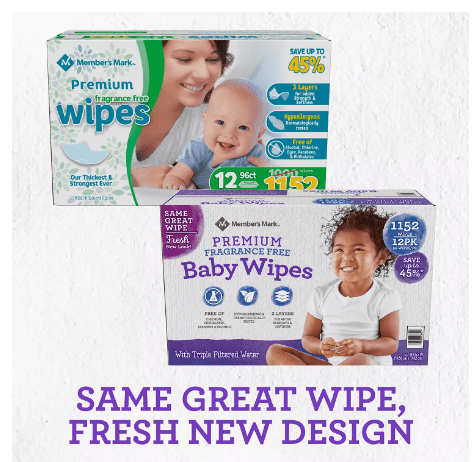 12 packs x 96 Members Mark Premium Diaper Baby Adult Wet Wipes 1152 ct Case 