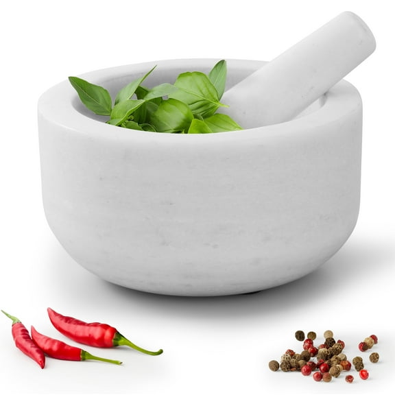 Navaris Mortar and Pestle Set - White Marble Pestle and Mortar Bowl - Stone Grinder for Spices Garlic Nuts Herb Pesto - Large 7.1" (18cm) Diameter - Hand Grinding for Kitchen