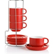 SWEEJAR Porcelain Espresso Cups with Saucers, 4 Ounce Stackable Cappuccino Cups with Metal Stand,Set of 4,Red