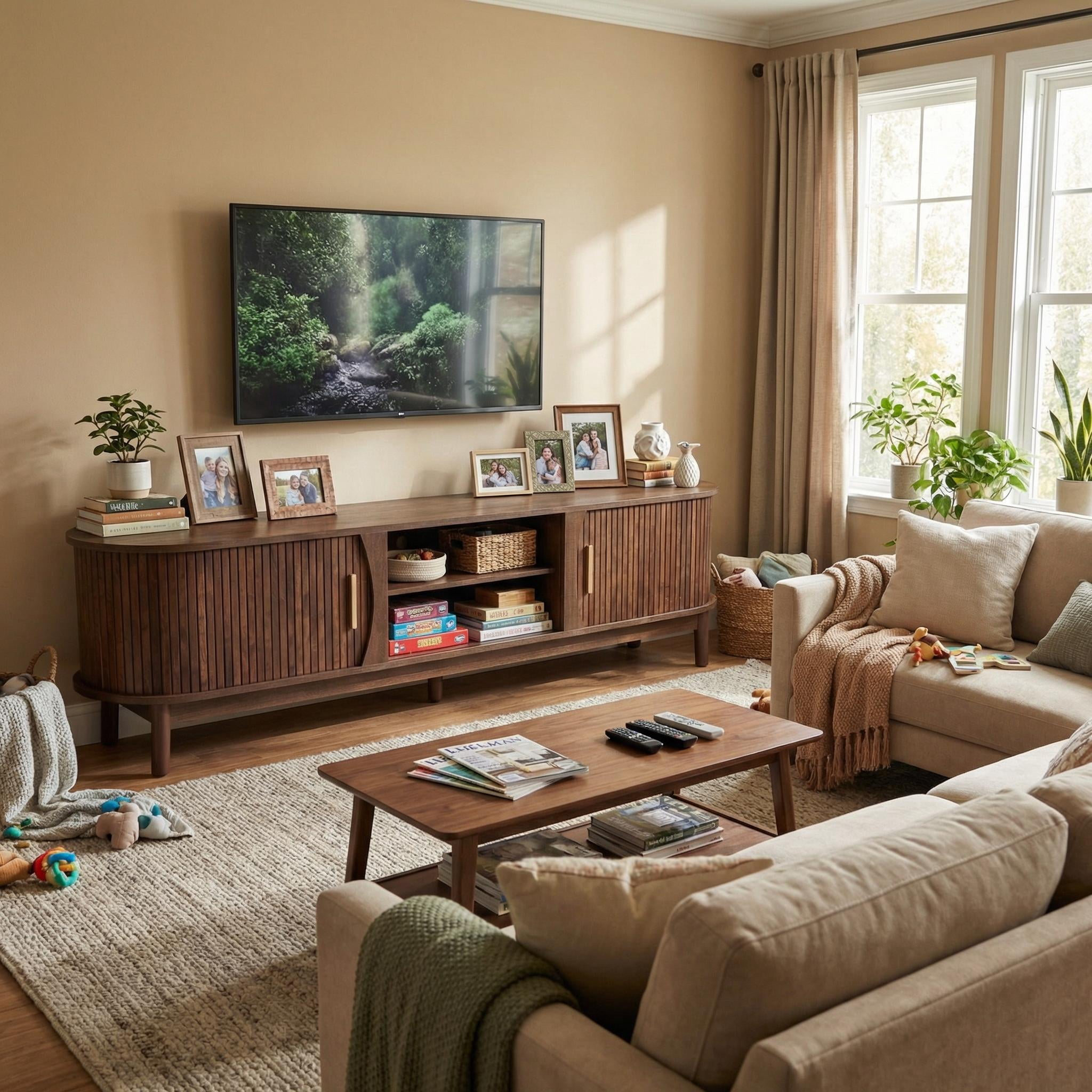 Homy Casa 66.9 in Farmhouse TV Stand for TVs up to 75 in with Sliding Doors and Storage Cabinet