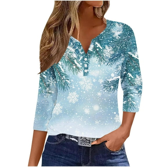 Womens Xmas Graphic Blouses Tops Henry Collar Long Sleeve Pullover Sweater Blouses Dressy Causal Christmas Tree Print Blouses Top