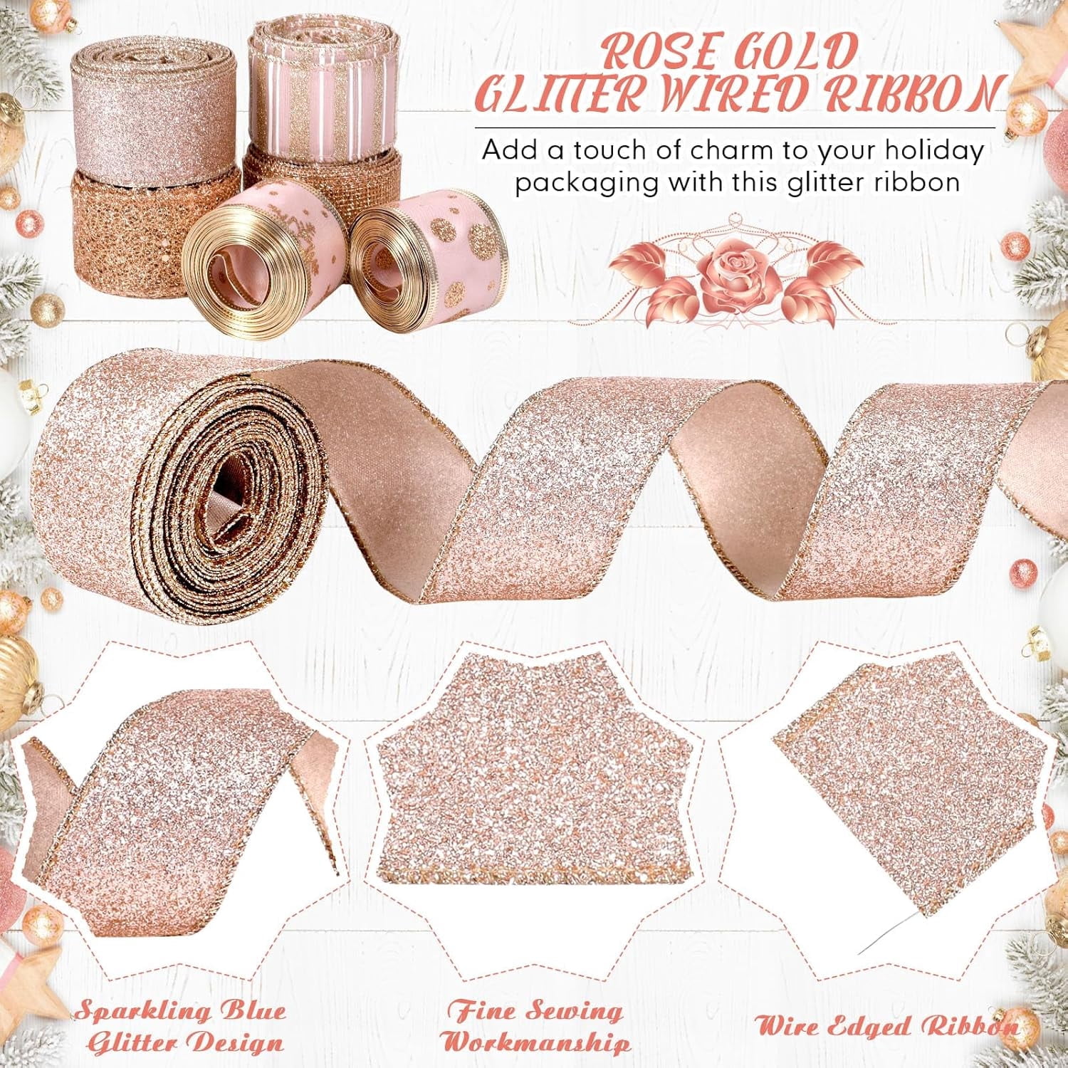 6 Rolls in Total 36 Yards Christmas Ribbon Glitter Gold Cord Ribbon for Christmas Tree Gift Bow Craft Garland Home Interior Decoration, 1.5 Inch X 6 Yard, Rose Gold