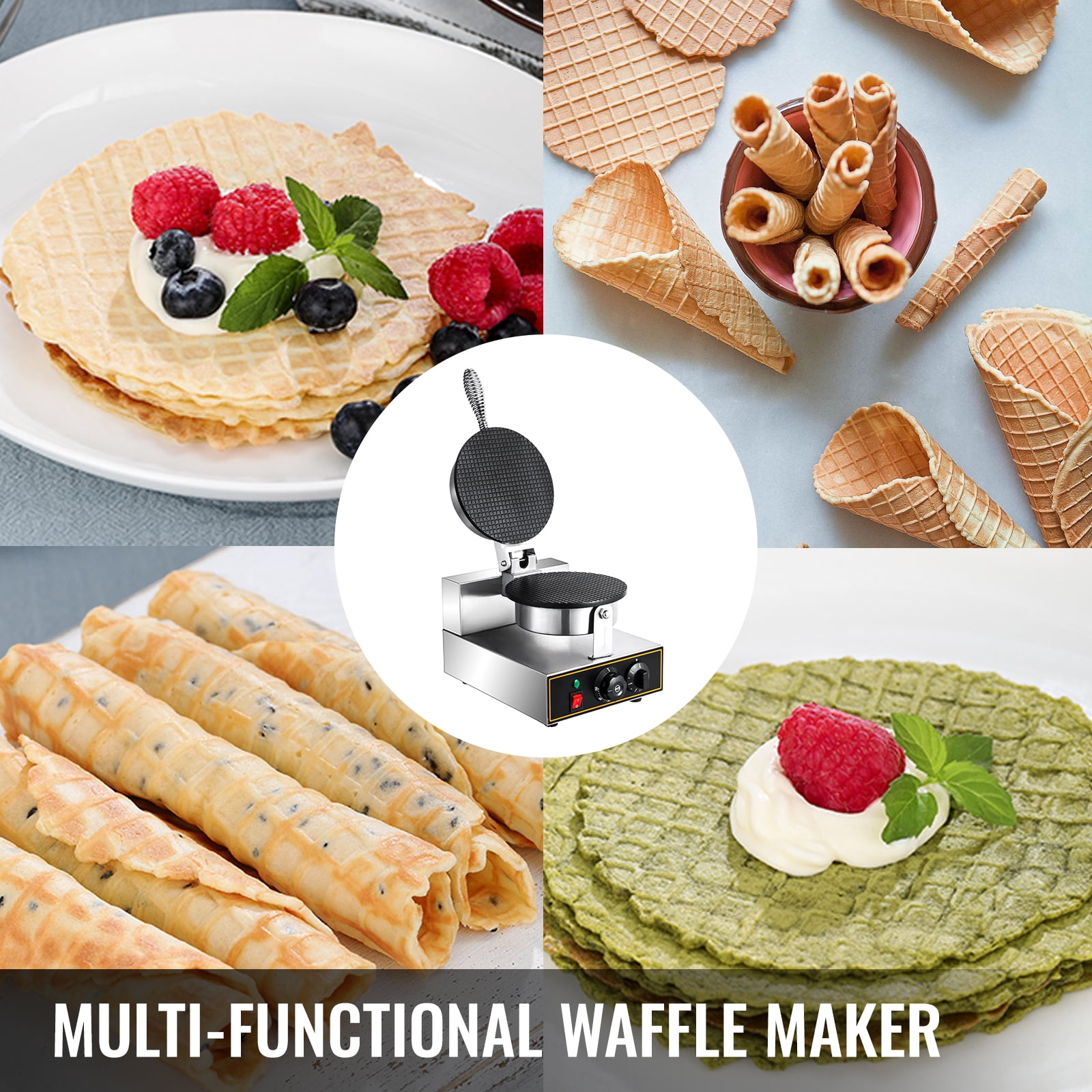 Free Shipping VEVOR 110V Commercial Waffle Cone Maker 1000W Nonstick Coating Surface Stainless Steel Egg Roll Machine with Adjustable Temperature and Time Controlfor Restaurant Bakeries 10x13 inch Bla...