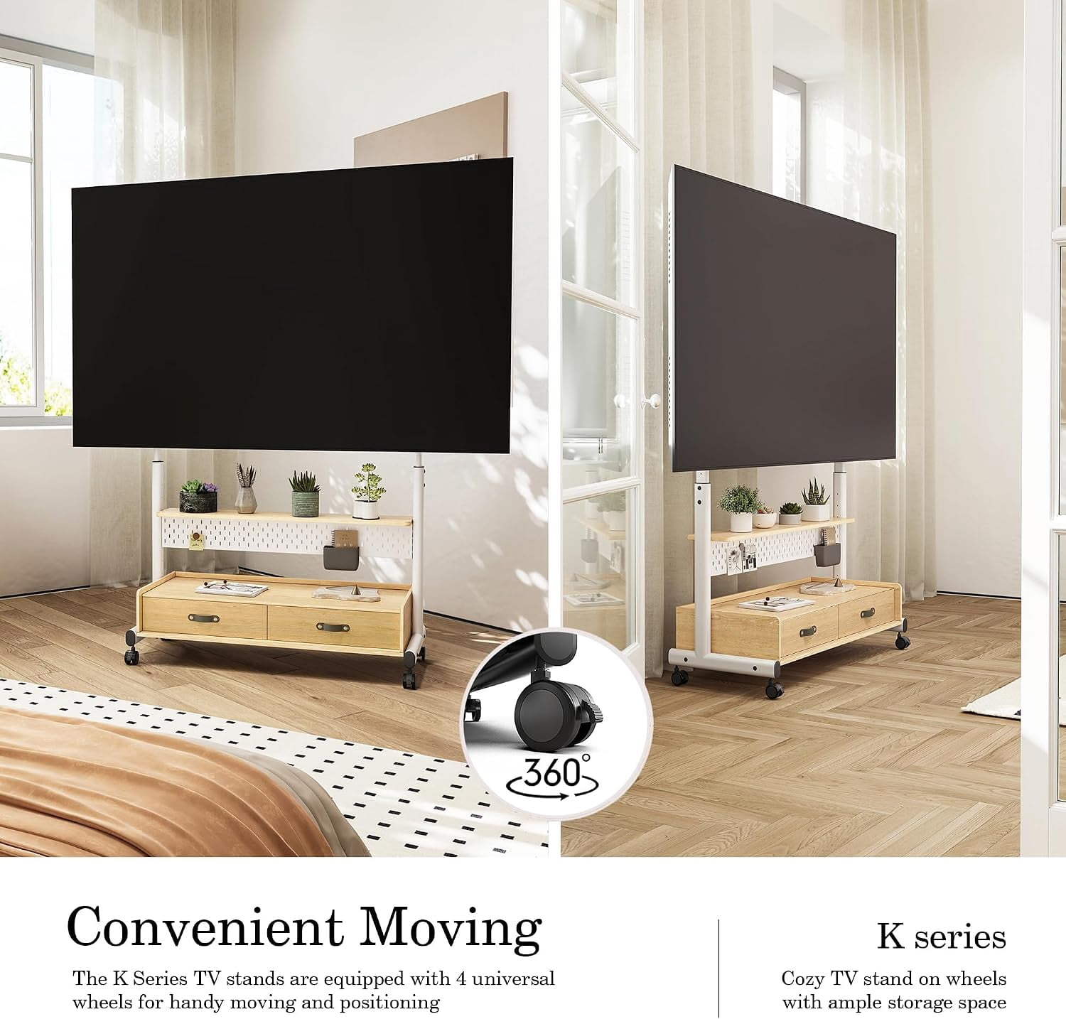 FITUEYES Rolling TV Stand for 70–100 Inch TVs, White, Wood Shelf & Pegboard