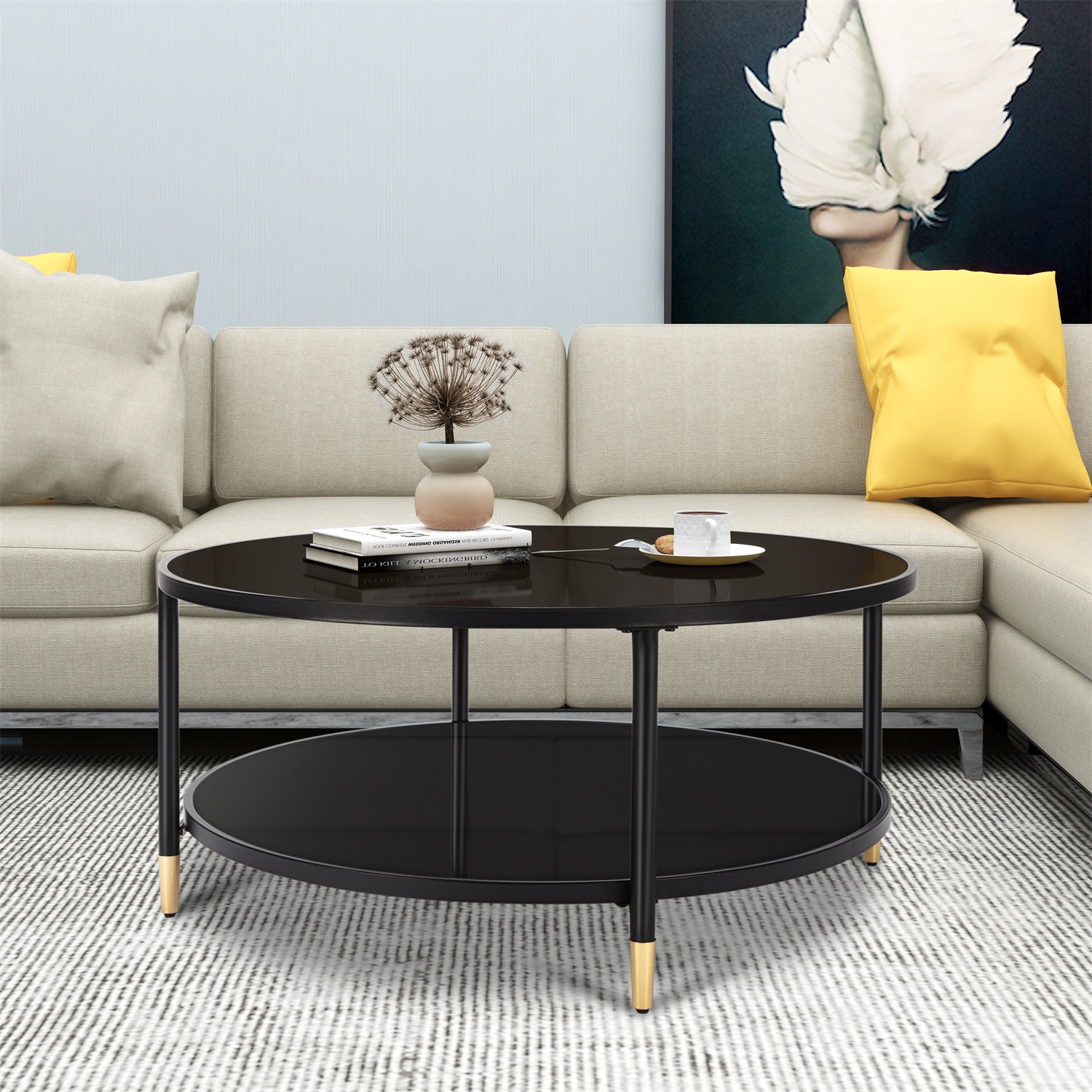 Kadyn 35.4" Round Coffee Table, Modern Glass Side Table with Tapered Legs, Glass Coffee Tea Table for Living Room Office, Black