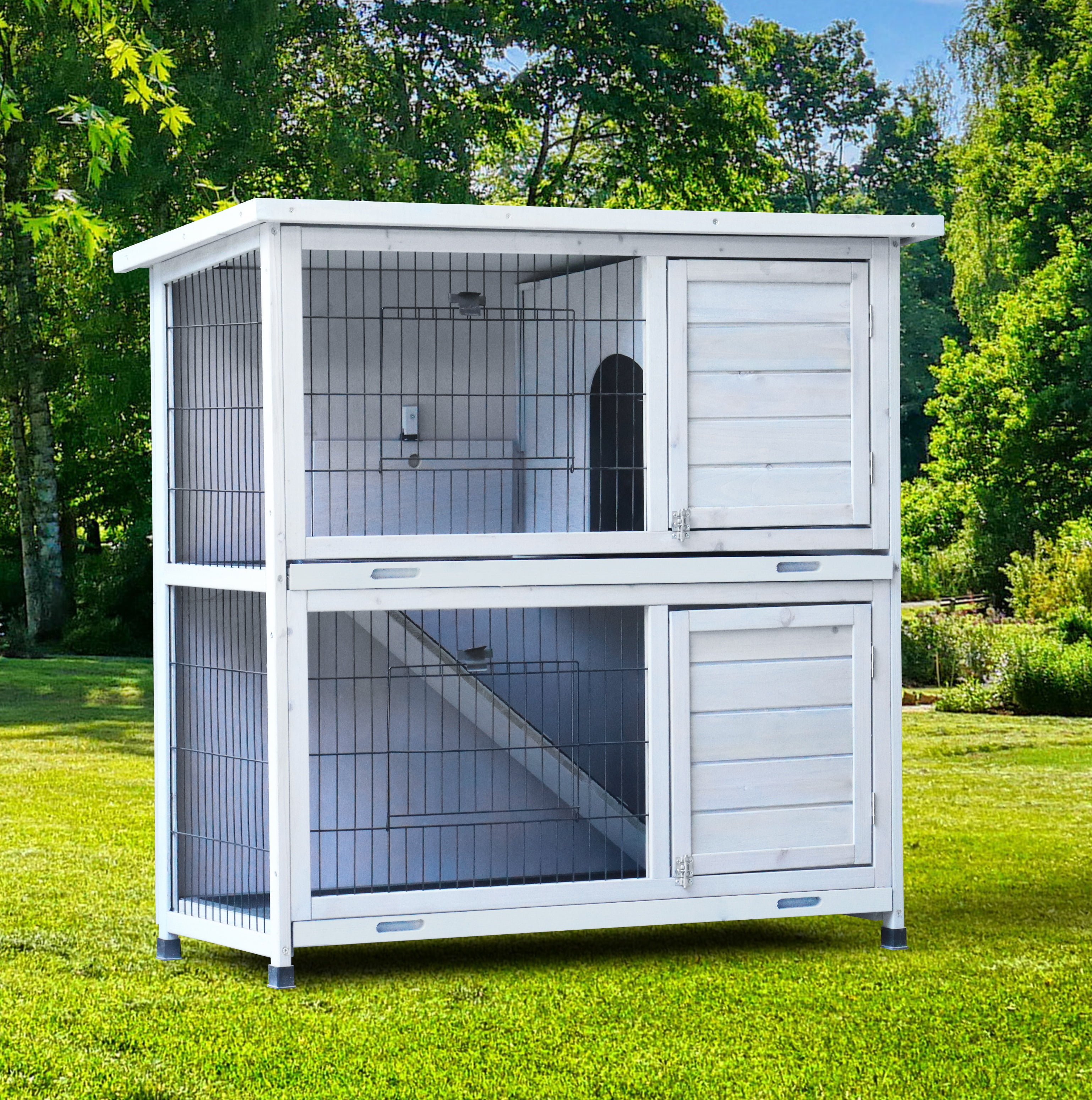 Anykoon Rabbit Hutch Outdoor, Fence, for Small Animals , 2-Story Rabbit Cage Indoor with Run, Bunny Cage with 2 Removable No-Leak Trays, Pet Cages with Non-Slip Ramp, Waterproof Roof