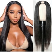 No Lace Front U Part Human Hair Wigs for Black Women 24 Inches Straight 2"x4" U Shape Middle Part Clip in Hair Extensions Glueless 150% Density 9A Grade Virgin Wigs Natural Color