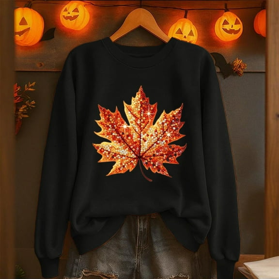Yteetum Women's Oversize Sweatshirts Thanksgiving Maple Leaf Pinted Crewneck Hoodless Sweatshirt Tops Womens Casual Graphic Print Round Neck Loose Fits Long Sleeve Sweatshirts Fall Outfits