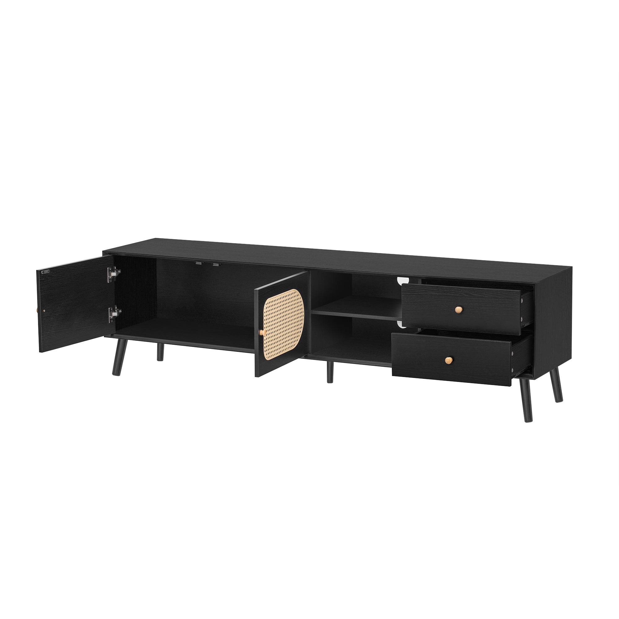 Paproos TV Stand for TVs Up to 80", Mid Century Modern Entertainment Center with Rattan Doors, 2 Drawers, TV Console Table with Open Shelf, Television Stand for Living Room, Bedroom, Black
