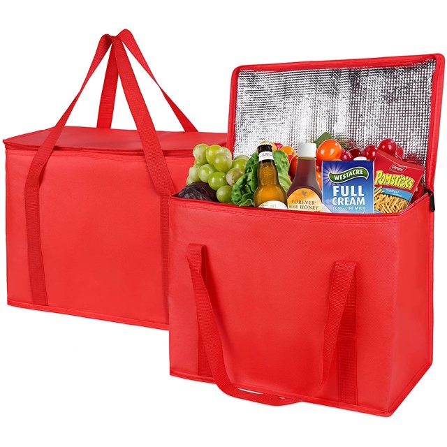 LAICAIW Lot de 2 Sacs d'Épicerie Isolés TG-Grand, Rouges, Réutilisables, Robustes, à Fermeture Éclair, Pliables, Fourre-Tout, Refroidisseur, Épicerie, pour Voiture, Matériau Recyclé, Sac Pliable Chaud...