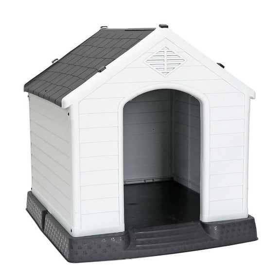 DOPIUY 32" Dog House Large Dog Houses Outdoor Waterproof Ventilate Plastic Pet House All Weather Outdoor Dog Shelter for Big Dog with Air Vents and Elevated Floor Indoor Pet House(Gray)