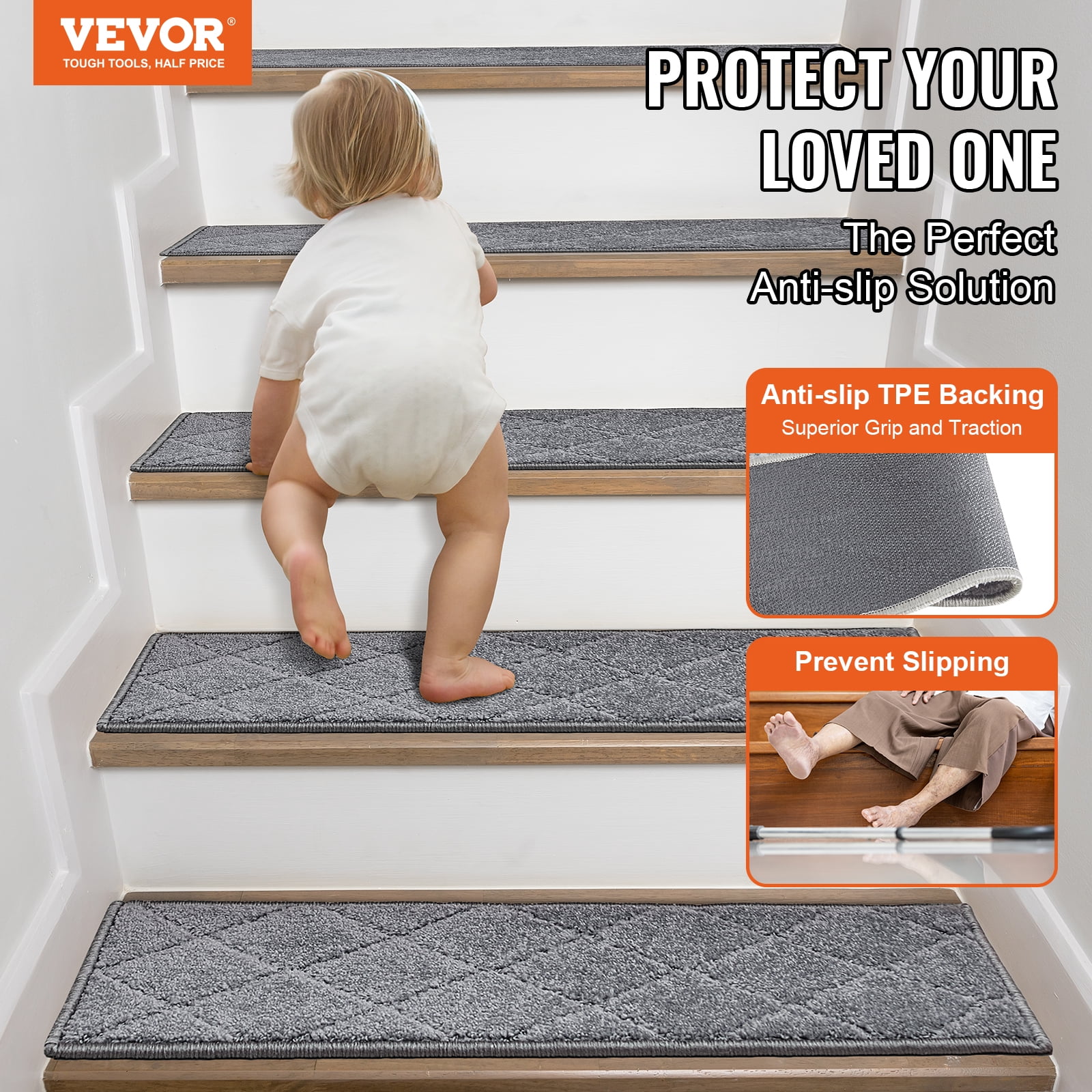 VEVOR Stair Treads 9" x 28" Stairs Carpet Non Slip 15 pcs Indoor Stair Runner for Wooden Steps, Anti Slip Carpet Soft Edging Stair Rugs Mats for Kids Elders and Dogs, Gray