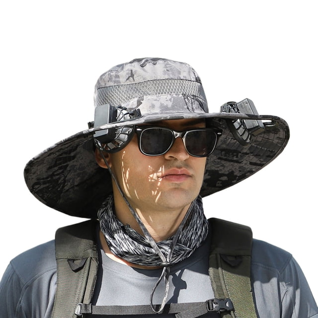 Decodeary Chapeau de Pêcheur Durable Protection Élégante Chapeau de Randonnée Style Polyvalent Chapeau Pare-Soleil Gris Foncé Encre Modèle Double Éventail