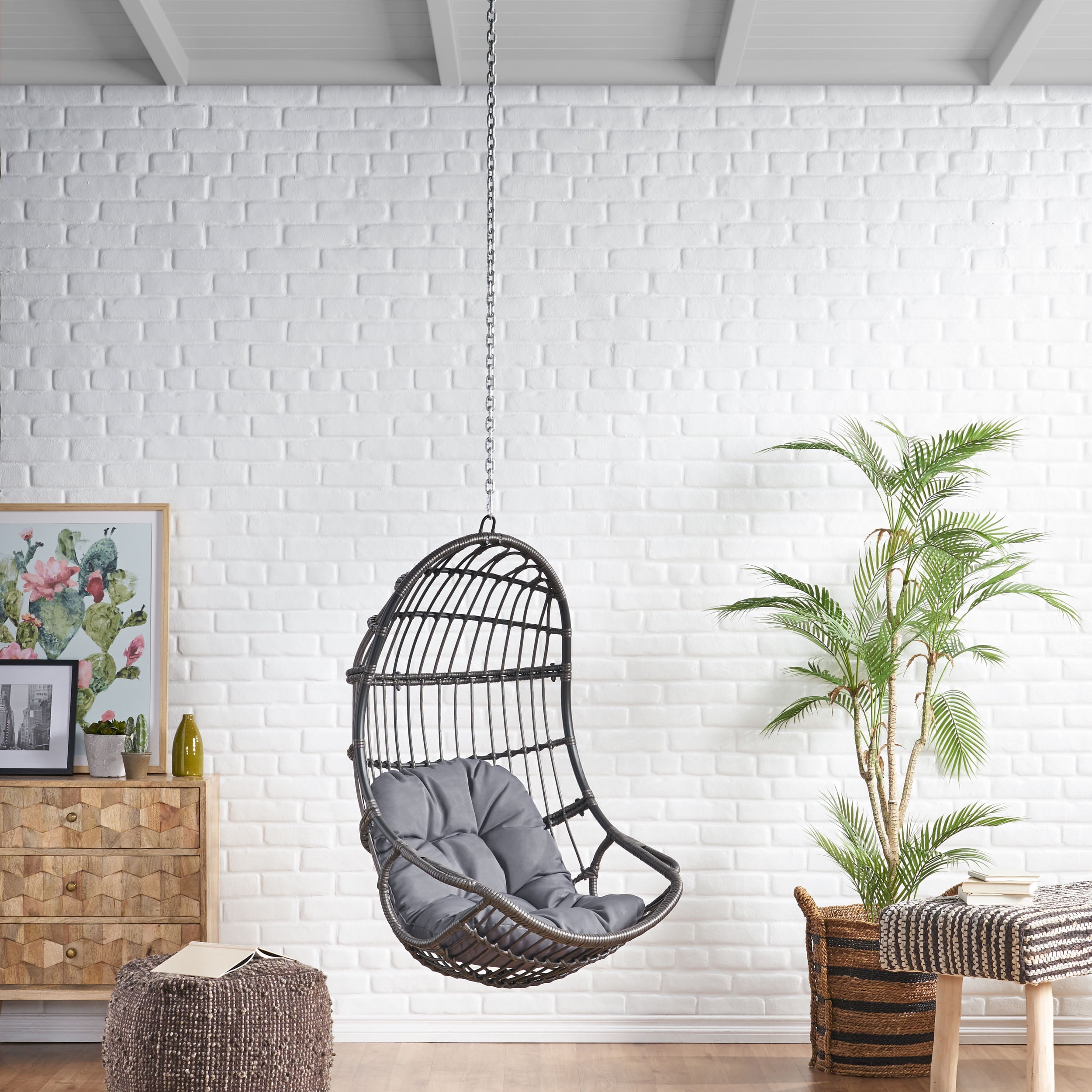 Outdoor Hanging Swing Chair with 8ft Chain, Wicker Weave Suspended Leisure Seat for Patio Garden, Gray