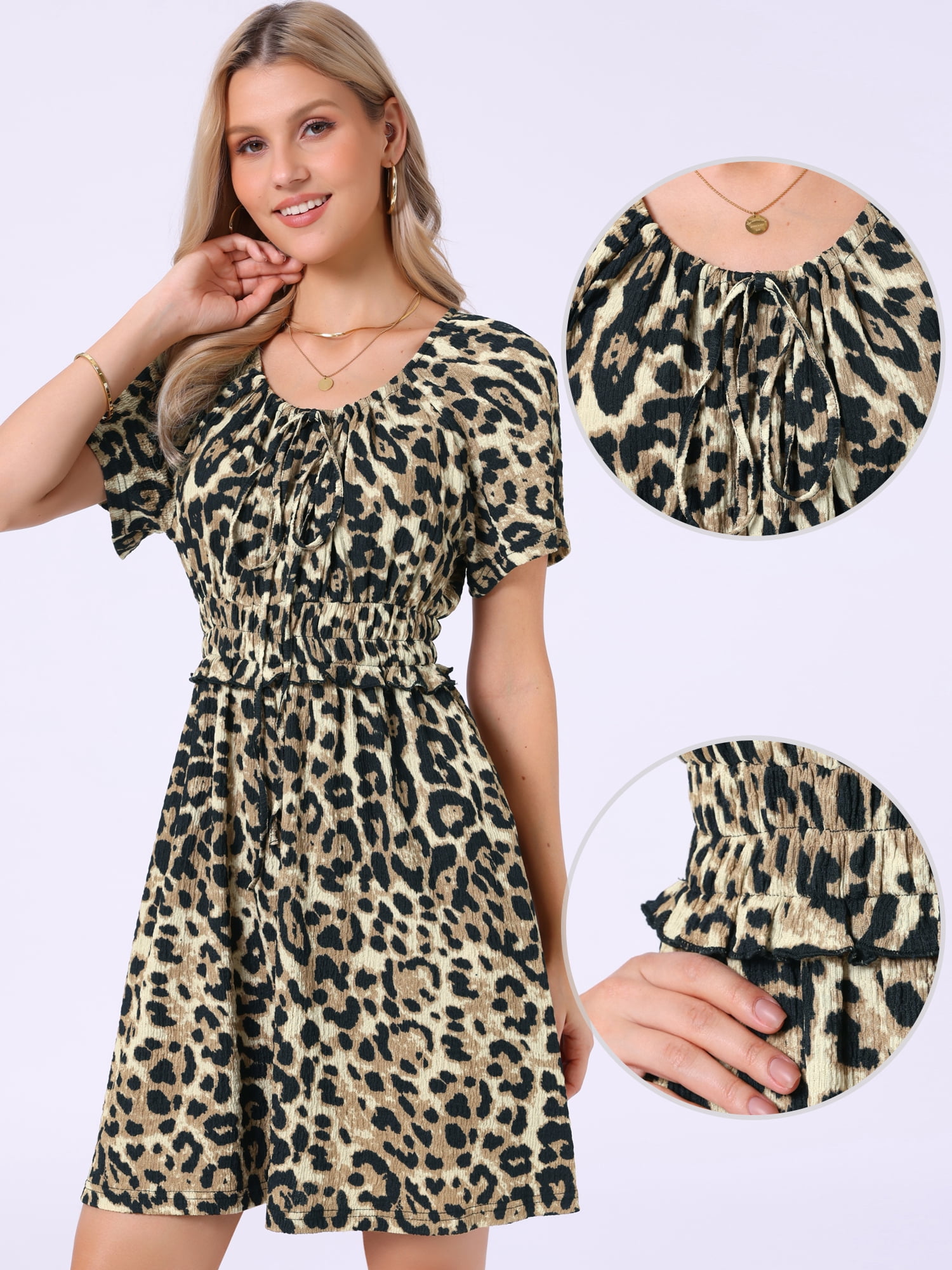 DARING DIVA Women's Leopard Print Tent Casual Tie Neck Elastic Waist Dresses XS Brown