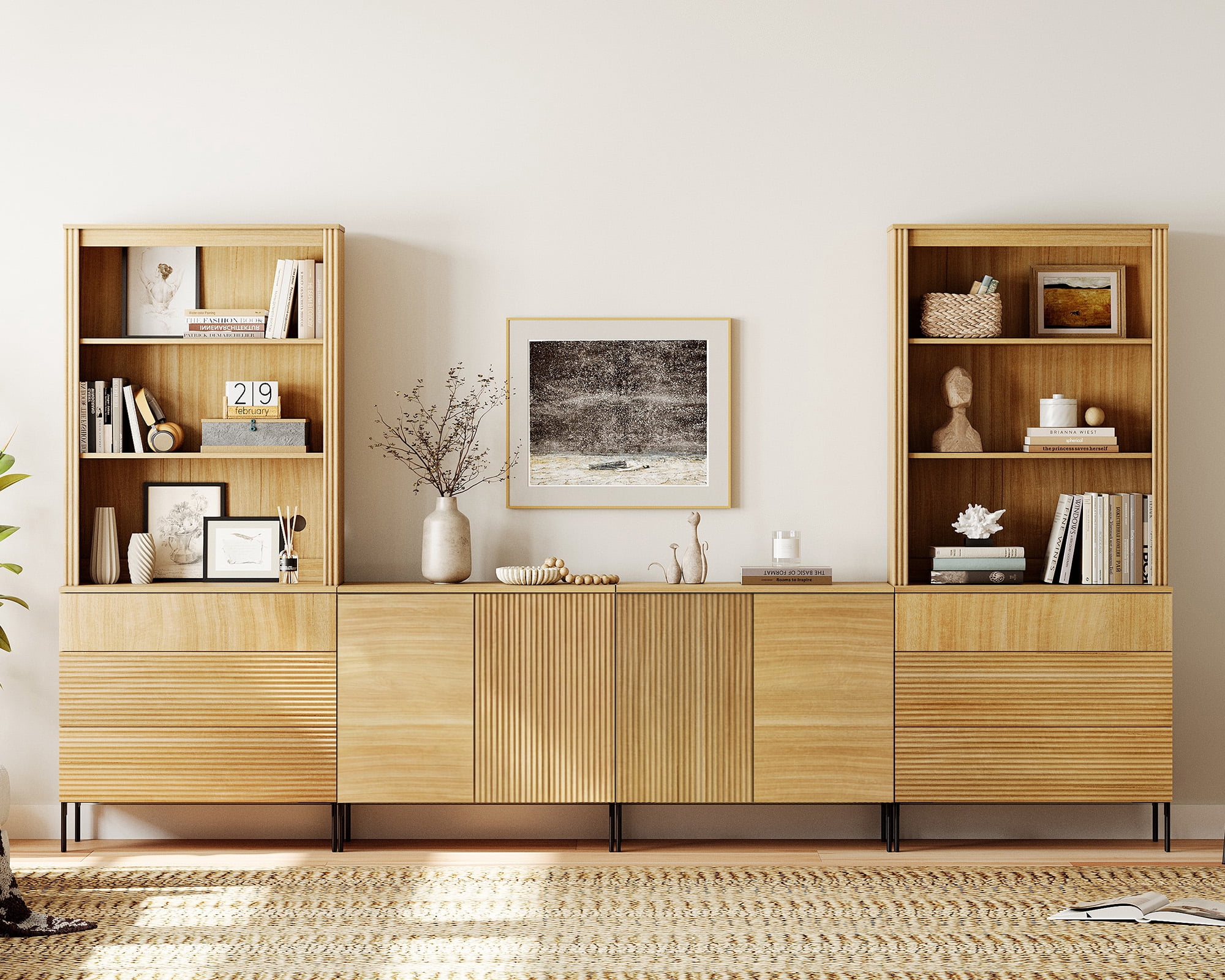 71"H X 126"W Tall Fluted Bookshelf with 6 Drawers and 4 Doors, Modern 10-Tier Bookcase with Open Storage, Large Wood Display Cabinet For Living Room Bedroom Home Office Kitchen