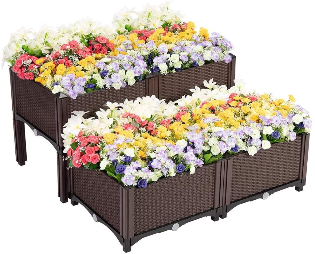 Vivohome Elevated Plastic Raised Garden Bed Planter Kit For Flower Vegetable Grow Brown Set Of 4 Com Raised Garden Bed Planter Kit, Raised Garden Planters On Legs Plastic