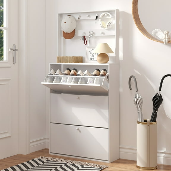 Coewske 3-Tier Flip-Drawer Shoe Cabinet with 9 Hooks – Freestanding Entryway Storage with Adjustable Shelves for Hallway & Living Room, White