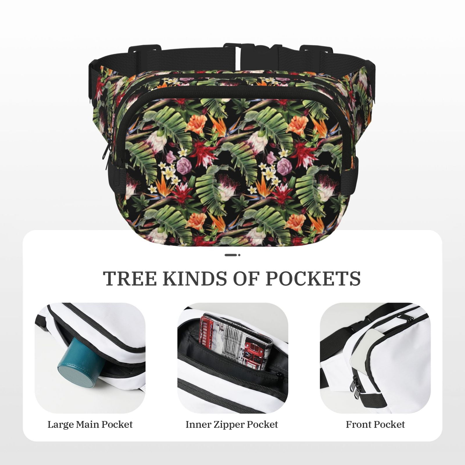 Picia Watercolor Tropical Flowers Print Square Double-Layer Waist Bag Mini Adjustable Waist Belt Bag Exercise Running Travel Hiking