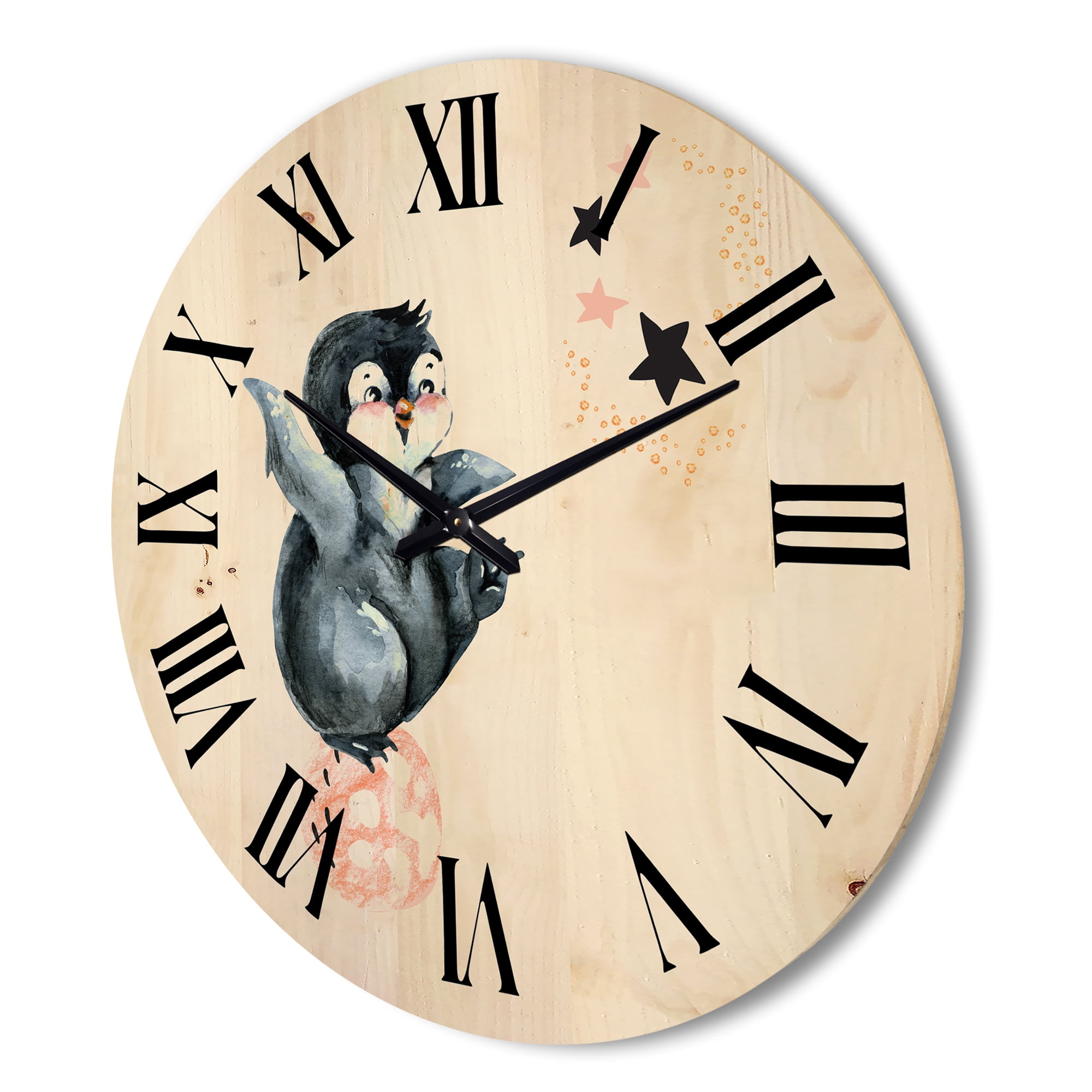 Designart 'Little Penguin With Planets and Stars II' Farmhouse Wood Wall Clock