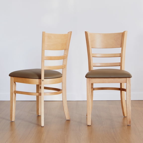 Livinia Cabin Dining Chair Set of 2, Solid Malaysian Oak PU Leather Upholstered Cushion Seat Wooden Ladder Back Side Chairs (Natural-Oak)