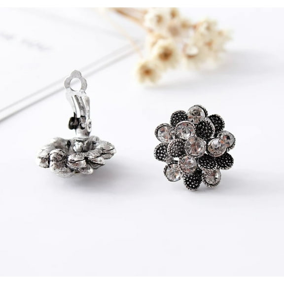 Clip on or pierced 3/4" silver clear stone and black cutout earrings