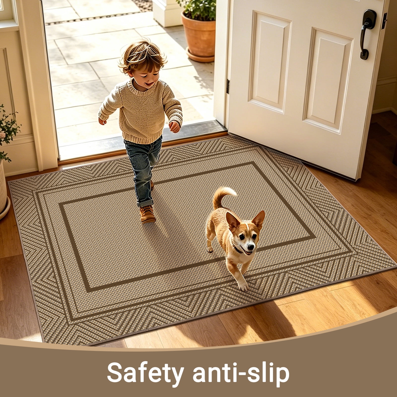 ORGOWEL Easy Jute Door Mat 3*5ft Washable Geometry Line Doormat Non-Slip Absorbent Indoor Outdoor Mat Stain Resistant Low Profile Floor Mat for Entryway Bedroom Patio,Brown
