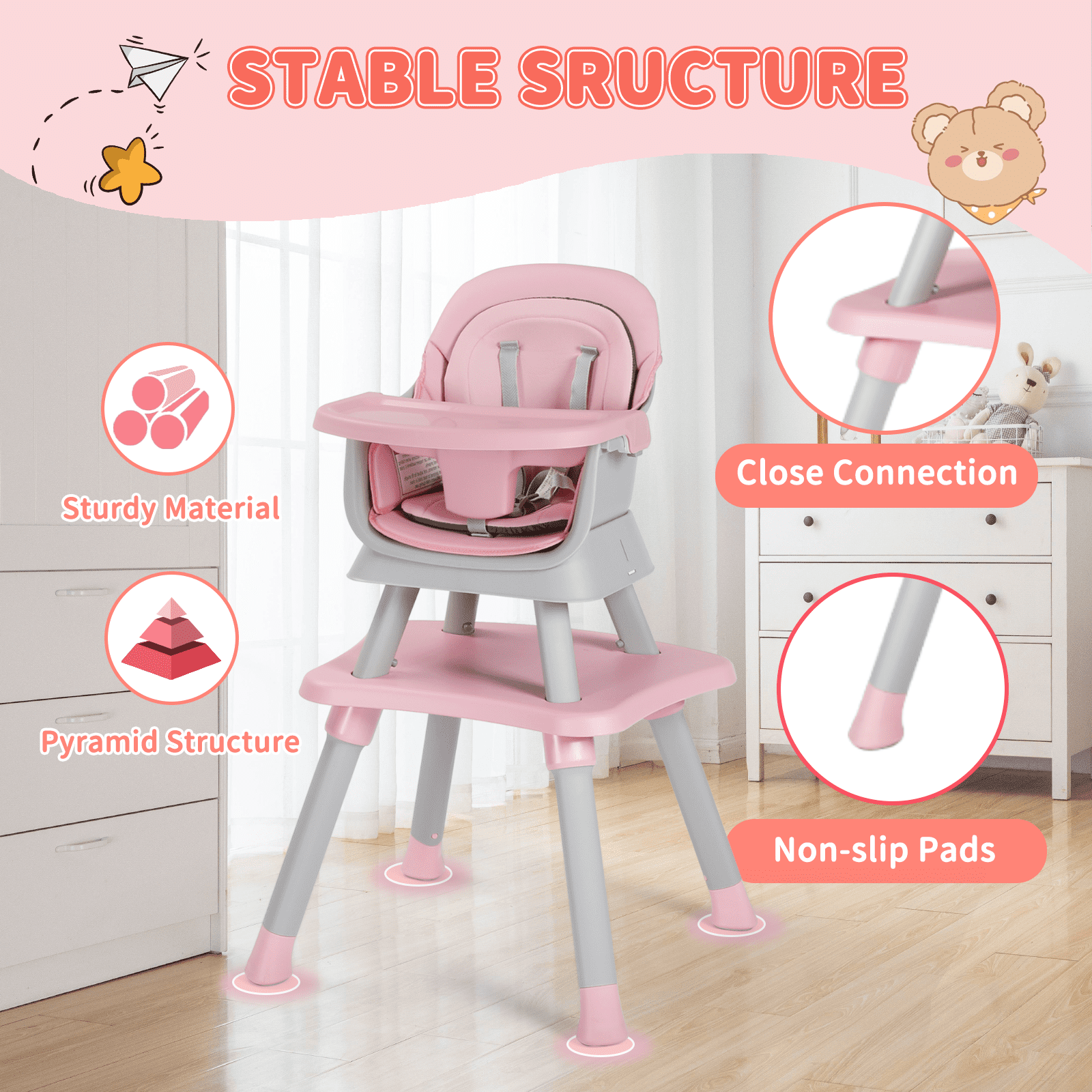 LINLUX 8 in 1 Convertible High Chair for Babies, Feeding Booster Seat for Toddlers, Pink